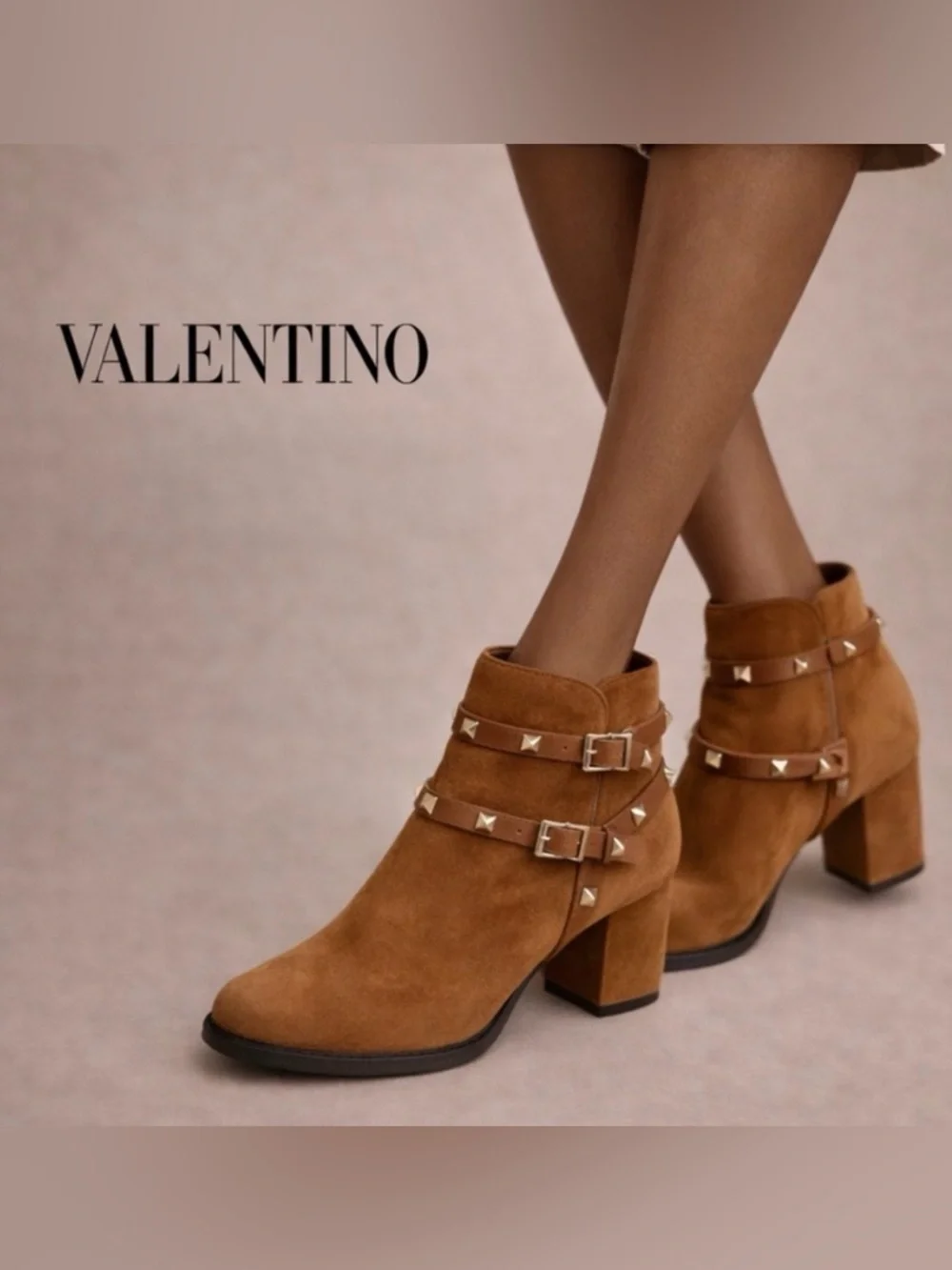 Valentino Garavani Suede Ankle Boots Rockstud Block Heel Brown Sz EU 38